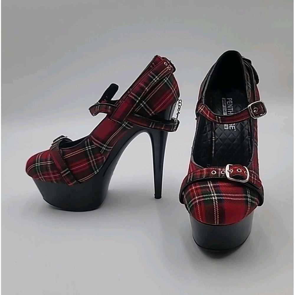 6" Sexy Penthouse By Ellie Red Plaid Black Platform High Stiletto Heels Mary J